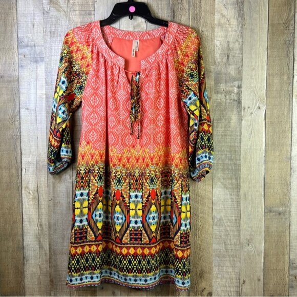 Hello Miss Small Multicolored Tribal Loose fit Lined Dress with 3/4 Sleeves - Picture 1 of 9